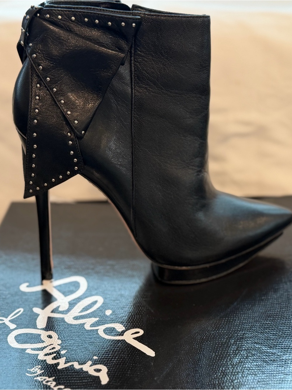 Alice + Olivia Darleen Boot -  Black Leather - Studded Bow - Stiletto -  39.5